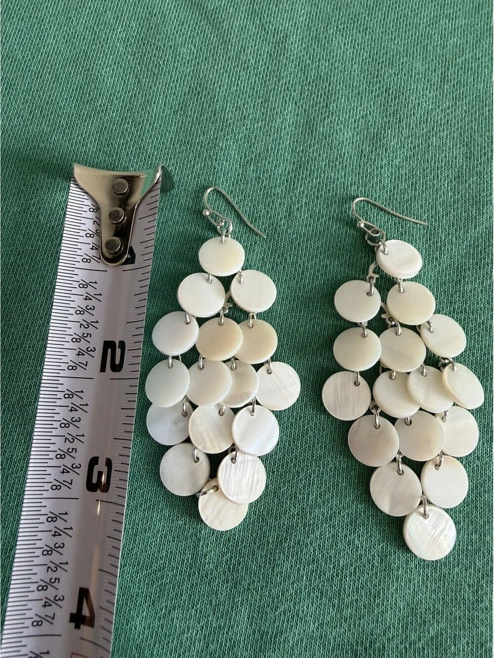 Boho Mother of Pearl Layered Shell Disc Dangle Earrings Silver Tone